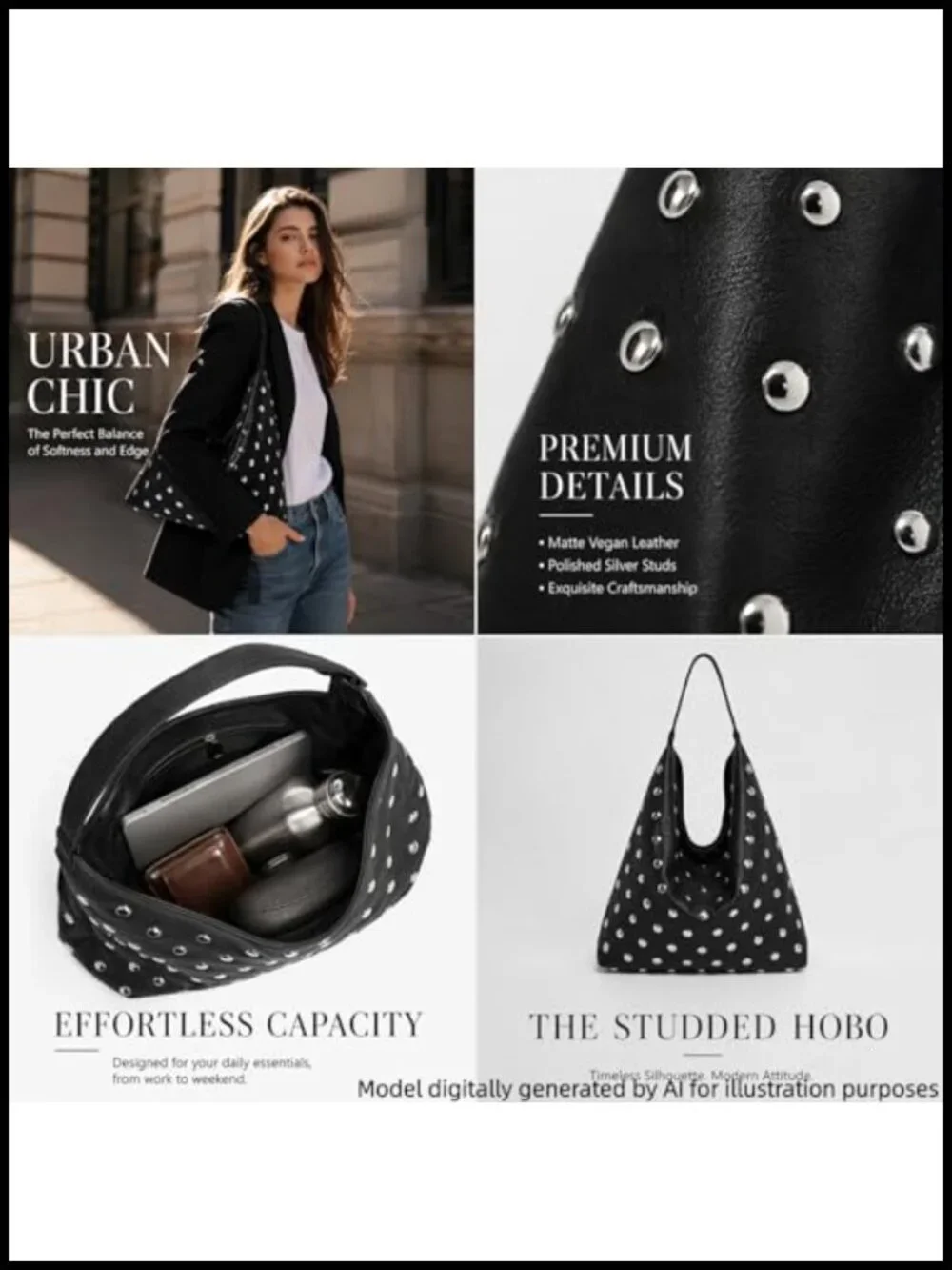 Studded Hobo Bag Tote Purse Faux Leather Y2K Punk Handbag